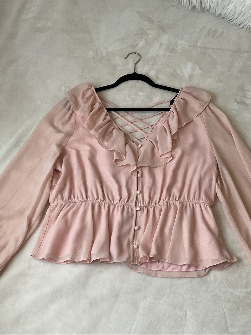 Ruffled Light Pink Peplum Blouse with Crisscross Back Detail
